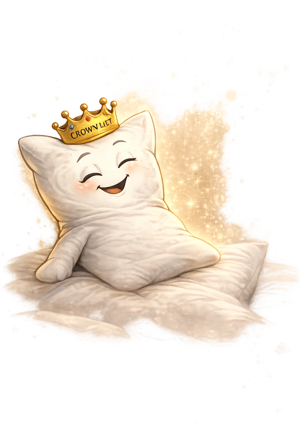 Crowny resting on a pillow, a small gold crown catching the lamplight